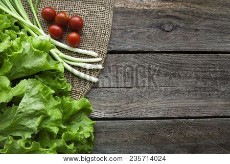 Fresh Garden Herbs On Wooden Table Board. Top View With Copy Space