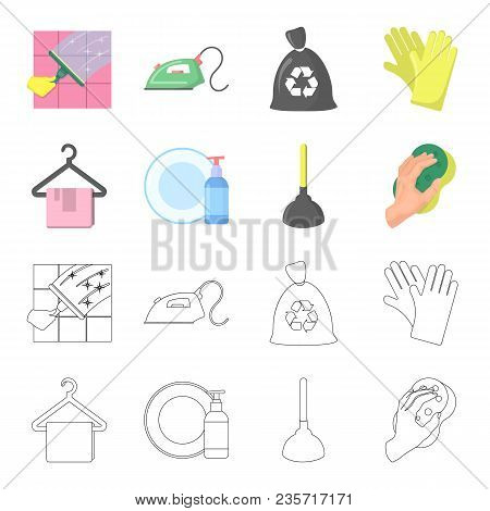 Cleaning And Maid Cartoon, Outline Icons In Set Collection For Design. Equipment For Cleaning Vector