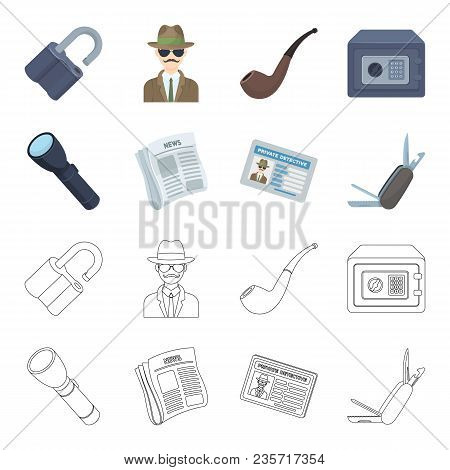 Flashlight, Newspaper With News, Certificate, Folding Knife.detective Set Collection Icons In Cartoo