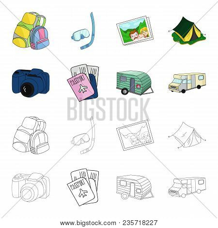 Vacation, Photo, Camera, Passport .family Holiday Set Collection Icons In Cartoon, Outline Style Vec