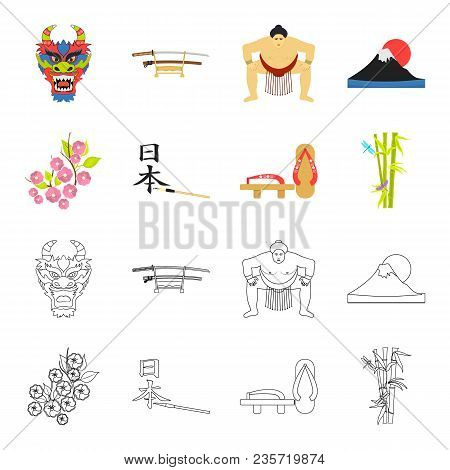 Geta, Sakura Flowers, Bamboo, Hieroglyph.japan Set Collection Icons In Cartoon, Outline Style Vector
