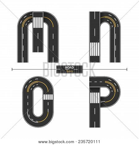 Alphabet In A Set M,n,o,p, Road With White And Yellow Line Markings On White Background