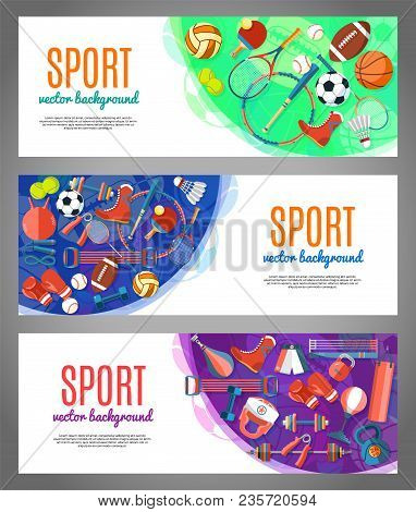 Banner Of Sport Balls And Gaming Equipment. Poster With Text Sport For Banner, Sticker, Web. Healthy