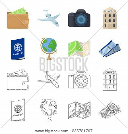 Vacation, Travel, Passport, Globe .rest And Travel Set Collection Icons In Cartoon, Outline Style Ve