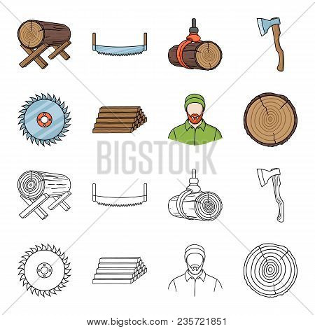Circular Saw, A Working Carpenter, A Stack Of Logs. A Sawmill And Timber Set Collection Icons In Car