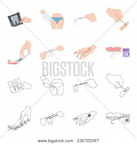 Anesthetic Injection, Dental Instrument, Hand Manipulation, Tooth Cleaning And Other  Icon In Cartoo