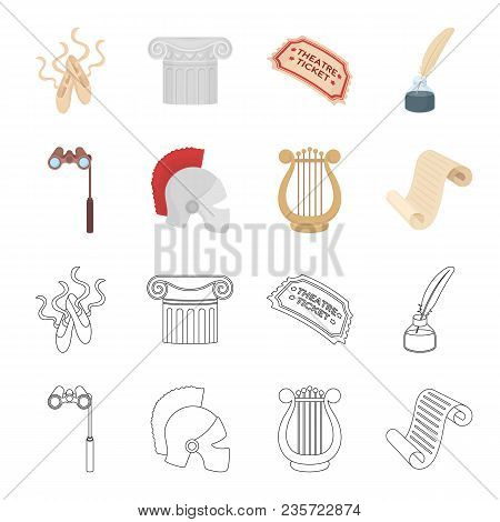 Theatrical Binoculars, A Helmet, A Harp And A Paper Scroll. The Theater Set Collection Icons In Cart