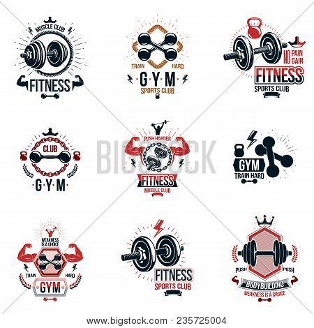 Vector Heavy Load Power Lifting Theme Logotypes And Advertising Flyers Collection Created With Dumbb