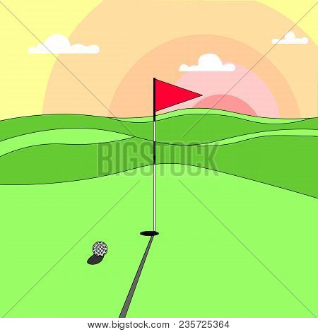 A Large Green Golf Course At Sunset. Vector Graphics.
