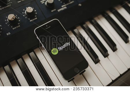 Malaga, Spain - April 12th, 2018: Spotify Streaming Music App In An Iphone Screen, Placed On A Vinta
