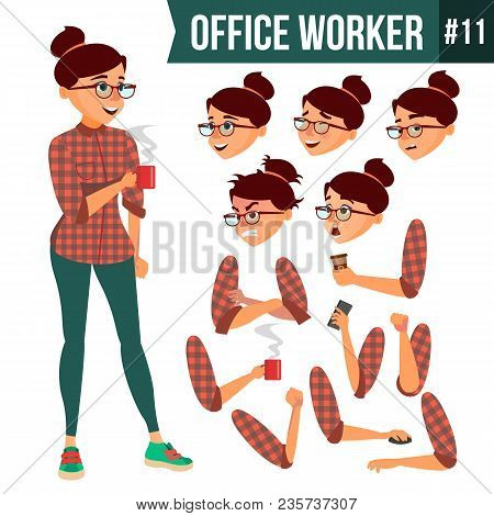 Office Worker Vector. Woman. Successful Officer, Clerk, Servant. Business Woman Worker. Face Emotion