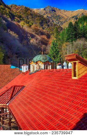 Rila Monastery Details Close-up And Autumn Mountain Trees At Background, Bulgaria
