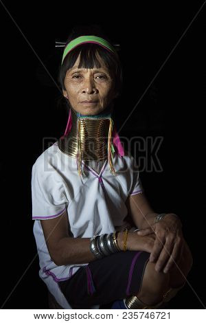 Lake Inle, Myanmar, November 17th, 2014: Portrait Of A Kayan Woman In Her Traditional Outfitpo