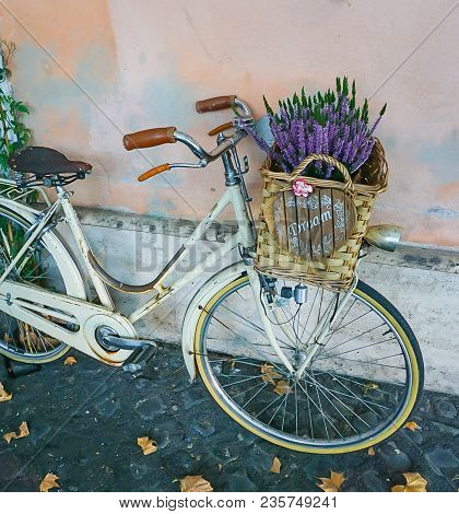 A Bike On Coblestone Sidewalk With Basket Of Lavender Flowers And Dream Sign