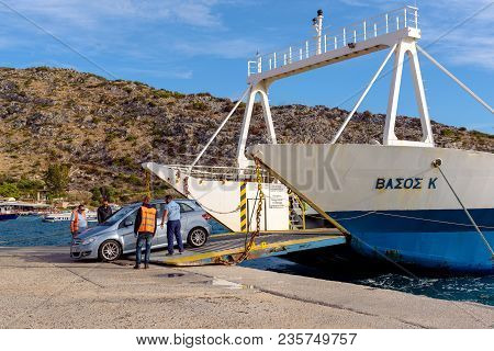 Zakynthos, Greece - September 30, 2017: Vasos K, Passenger Ship Unloading At The Port Of St. Nikolao