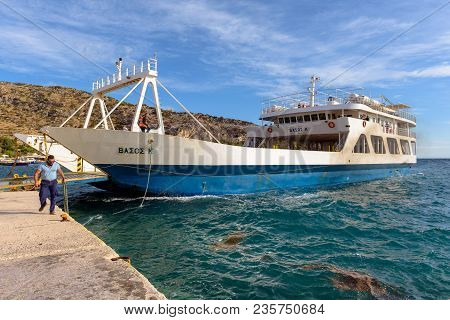 Zakynthos, Greece - September 30, 2017: Vassos K, Ferry Waiting In Harbor Of St. Nikolaos To Be Load