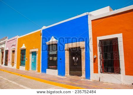 Street With Colorful Facades Of Houses. Colonial Architecture In San Francisco De Campeche, Mexico. 