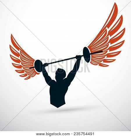 Vector Illustration Of Muscular Bodybuilder Holding Barbell. Power Lifting Competition, Champion Bod
