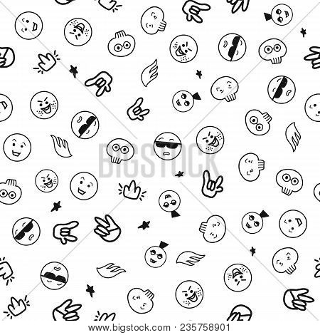 Emoji Rock Seamless Pattern On A White Background. Fun Cartoon Design With Hands And Glasses
