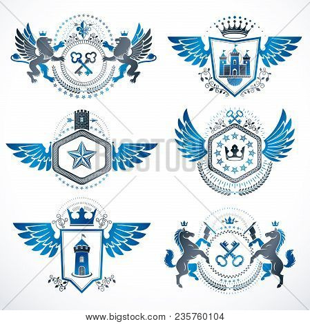 Vintage Decorative Heraldic Vector Emblems Composed With Elements Like Eagle Wings, Religious Crosse