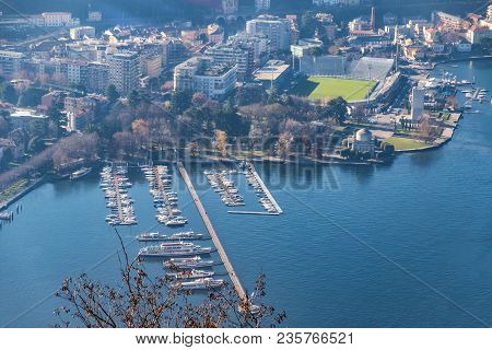 Aerial Landscape Of The Picturesque Colorful City Of Como On Lake Como, Italy. Port Of Como On A For