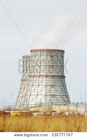 Large Cooling Pipes At The Thermal Power Plant.inside Them Steam Is Cooled And Condensed Water.