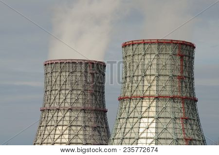Large Cooling Pipes At The Thermal Power Plant.inside Them Steam Is Cooled And Condensed Water.