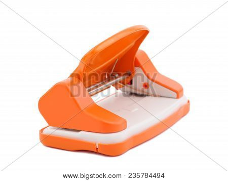 Orange Office Paper Hole Puncher, Isolated On White. Office Tools
