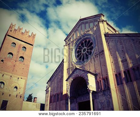 Ancient Basilica Of San Zeno In Verona In Italy In The Romanesque Style With Photo Effect