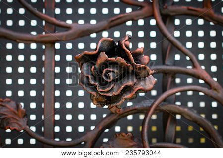 Details, Structure And Ornaments Of Forged Iron Gate. Floral Decorative Ornament, Made From Metal. V