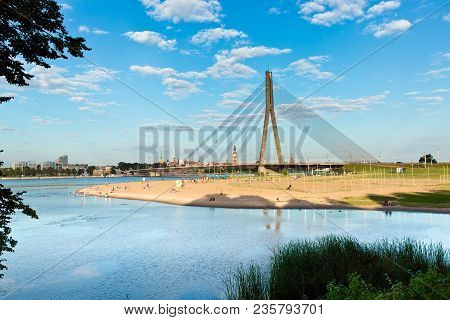 Riga, Latvia - July, 2017: Vansu Bridge And Old Town Riga View, Latvia