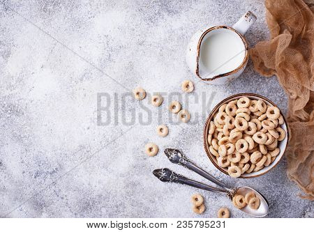 Sweet Cereal Loops In Bowl. Corn Flakes For Breakfast. Top View