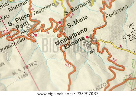 Montalbano Elicona. Map. The Islands Of Sicily, Italy.
