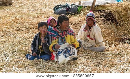 Puno, Peru - September 2017: Unidentified People At The Floating Island Isla Flotante, Titicaca Lake