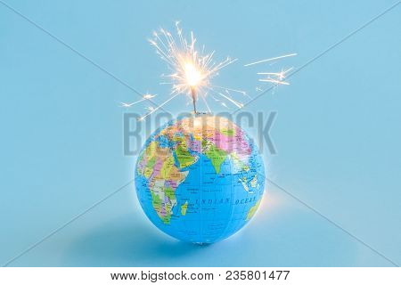 Globe Grenade Isolated On Blue Minimal Creative Concept