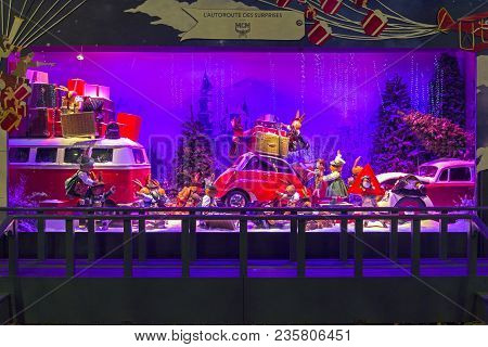 Paris, France - December 12, 2017: Christmas Decorations In The Shop Window Of A Parisian Printemps 