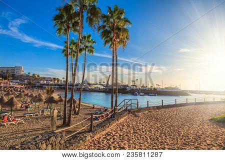 Bright Sunset On Pinta Beach In Summertime, Adeje Coast Of Tenerife, Canary Island
