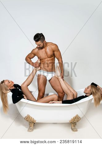 Love Triangle, Romance, Sex Games. Twins Women With Athlete Man, Hygiene, Healthcare. Family, Polyga