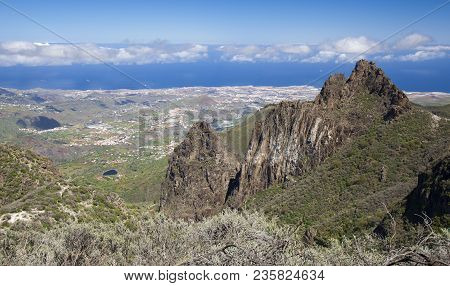Gran Canaria, March, View From A Hiking Path In Valsequillo Municipality Towards Villages, Over Rock
