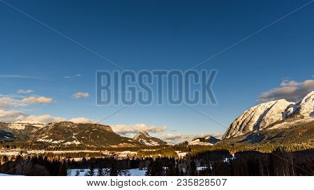 Mountains In, Styria, Austria Bad Mitterndorf View On A Snowy Terrains Surrounding Resorts