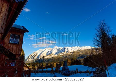 Mountains In, Styria, Austria Bad Mitterndorf View On A Snowy Terrains Surrounding Resorts