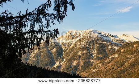 Mountains In, Styria, Austria Bad Mitterndorf View On A Snowy Terrains Surrounding Resorts