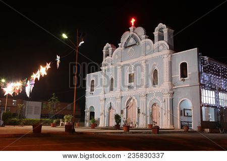 Frontal View Of Vintage Church Decorated For Holidays In Vasai, Bombay