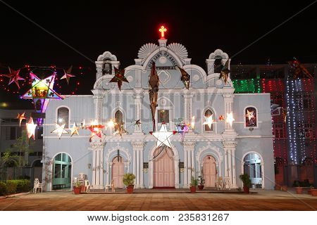Frontal View Of Vintage Church Decorated For Holidays In Vasai, Bombay