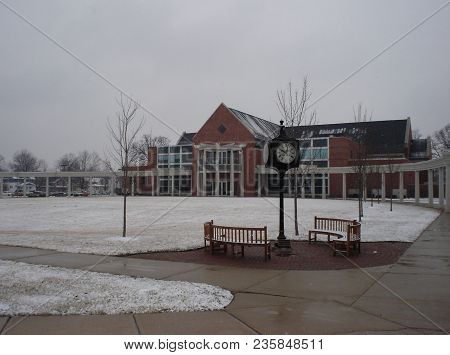 Defiance College Serrick Center And Clock Tower In Winter With Snow On The Ground, Defiance, Oh, Mar