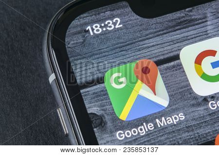 Sankt-petersburg, Russia, April 12, 2018: Google Maps Application Icon On Apple Iphone X Screen Clos