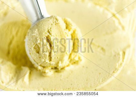 Vanilla Ice Cream Scoop Background. Summer Food Concept, Copy Space, Top View. Scooped Texture. Scoo