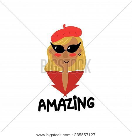 Hand Drawn Illustration Of Fashionable Girl. Cartoon Character.