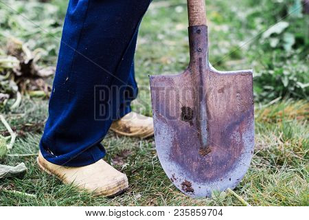 Women's Feet In Rubber Boots Next To A Shovel In The Garden