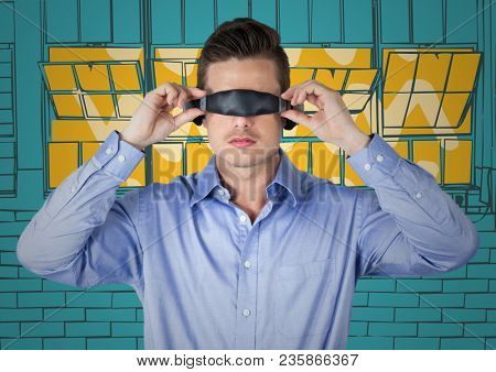 Business man in virtual reality headset against yellow and blue hand drawn windows